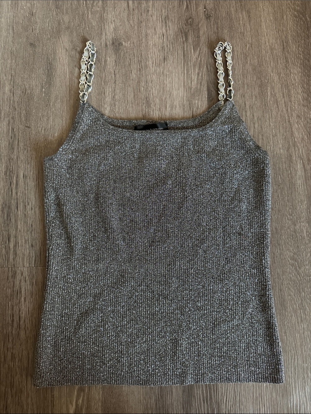 Silver Metallic Chain-Strap Silk Blend Tank Top